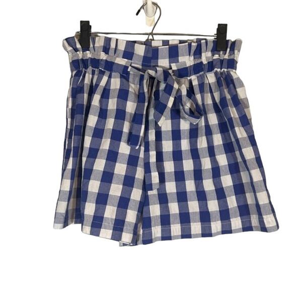 Joie Blue & White Check Plaid Cotton Blend Tie Waist Paperbag Shorts Women Sz L - Picture 1 of 8